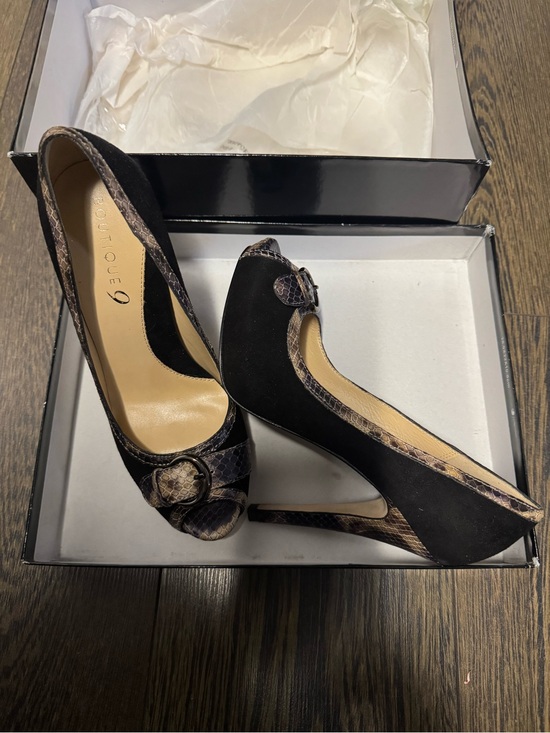 Boutique 9 Shoes - Boutique 9 Black Suede Peep-Toe Heels with Snakeskin Accent